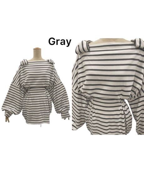 ショルダーリボンボーダーチュニックワンピース / Shoulder Ribbon Stripes Tunic One-Piece