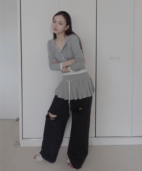 【LightGray】レイヤードフードトップス / Layered Hood Top