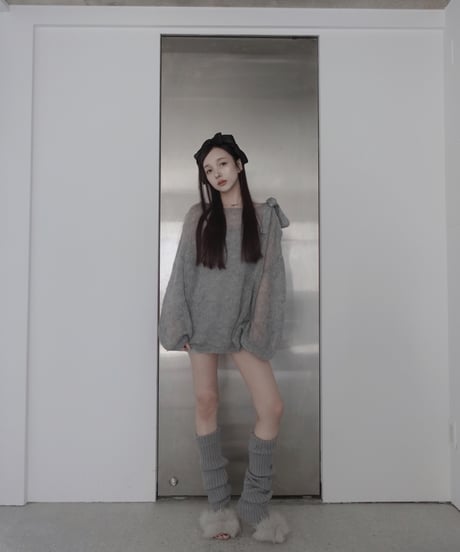 【Gray】ショルダーリボンモヘアニット/Shoulder Ribbon Mohair Knit
