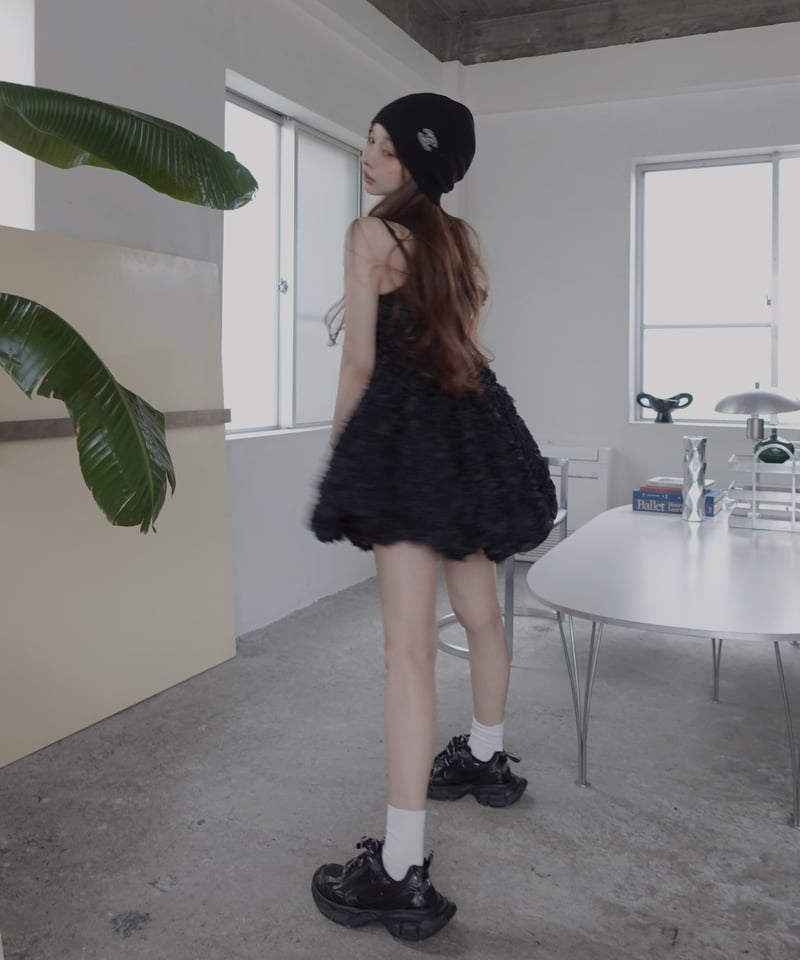Black】ブルームペタルチュニックドレス/Bloom Petal Tunic Dress