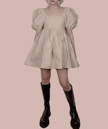 【ベージュ】パフスリーブチュニックワンピ Puff Sleeve Tunic One-Piece
