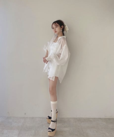 バックオープンシアーシャツ + ミニリブワンピ/Back Open Sheer Shirts + mini cami One-piece