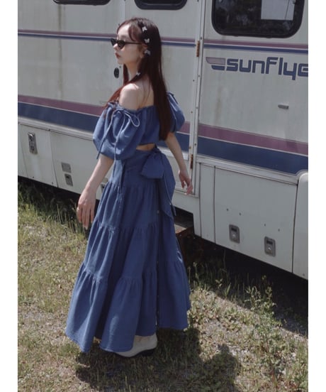 バックリボンデニムティアードスカート / Back Ribbon Denim Tiered Skirt
