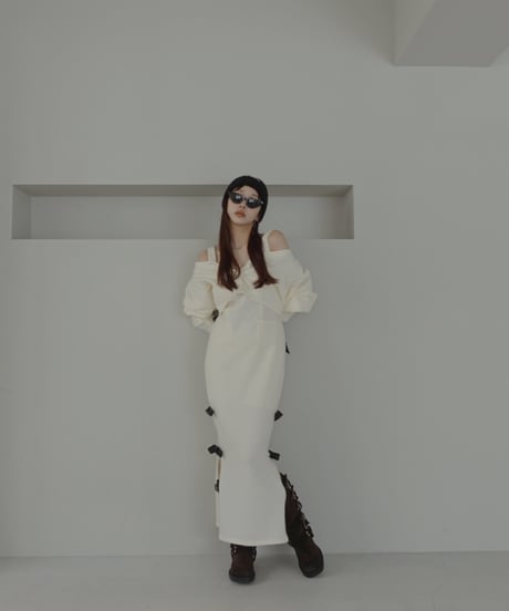 レザーリボンスリットワンピース / Faux Leather ribbon Slit One-Piece