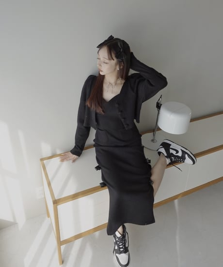 レザーリボンスリットワンピース / Faux Leather ribbon Slit One-Piece