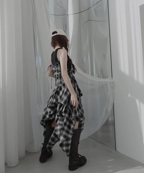 【Black】レイヤードチェックワンピース / Layered Check Dress