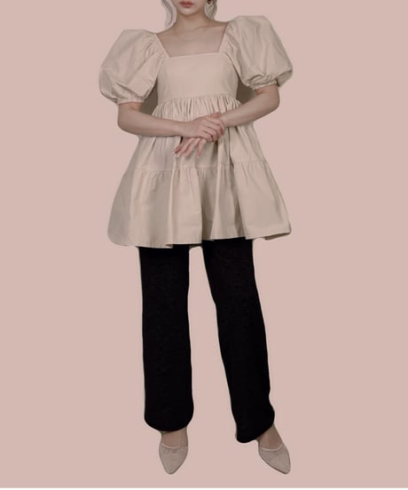 【ベージュ】パフスリーブチュニックワンピ Puff Sleeve Tunic One-Piece