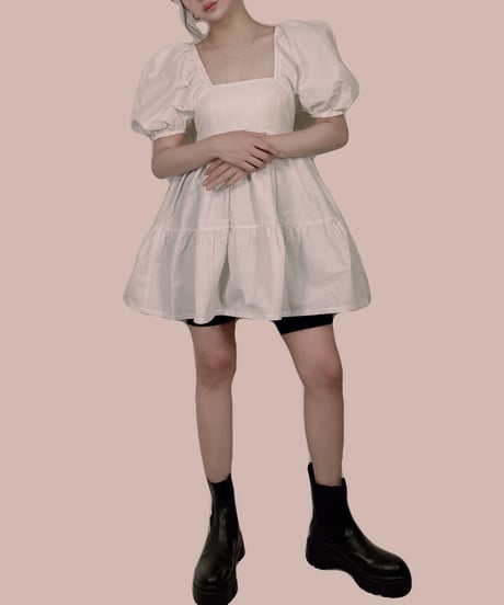 【ホワイト】パフスリーブチュニックワンピ Puff Sleeve Tunic One-Piece