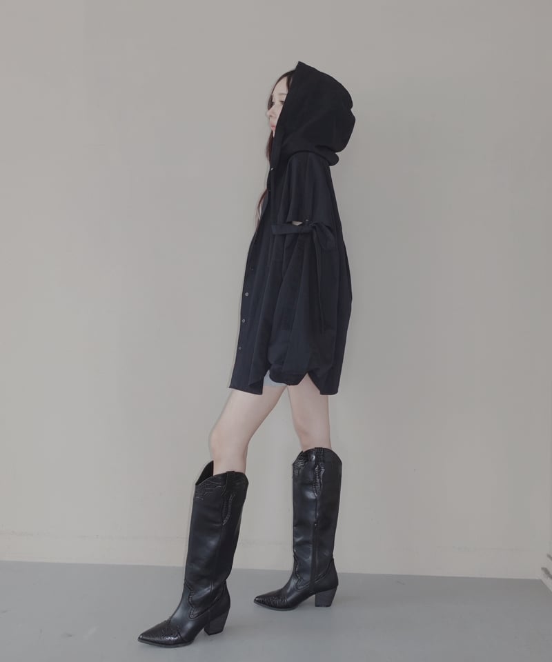 Black】サイドカットフードシャツ/Side Cutting Hooded Shirts 