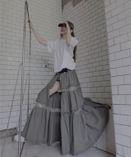 ［Moss Grey］フロントオープンレースティアードスカート / Front Open Lace Tiered Skirt