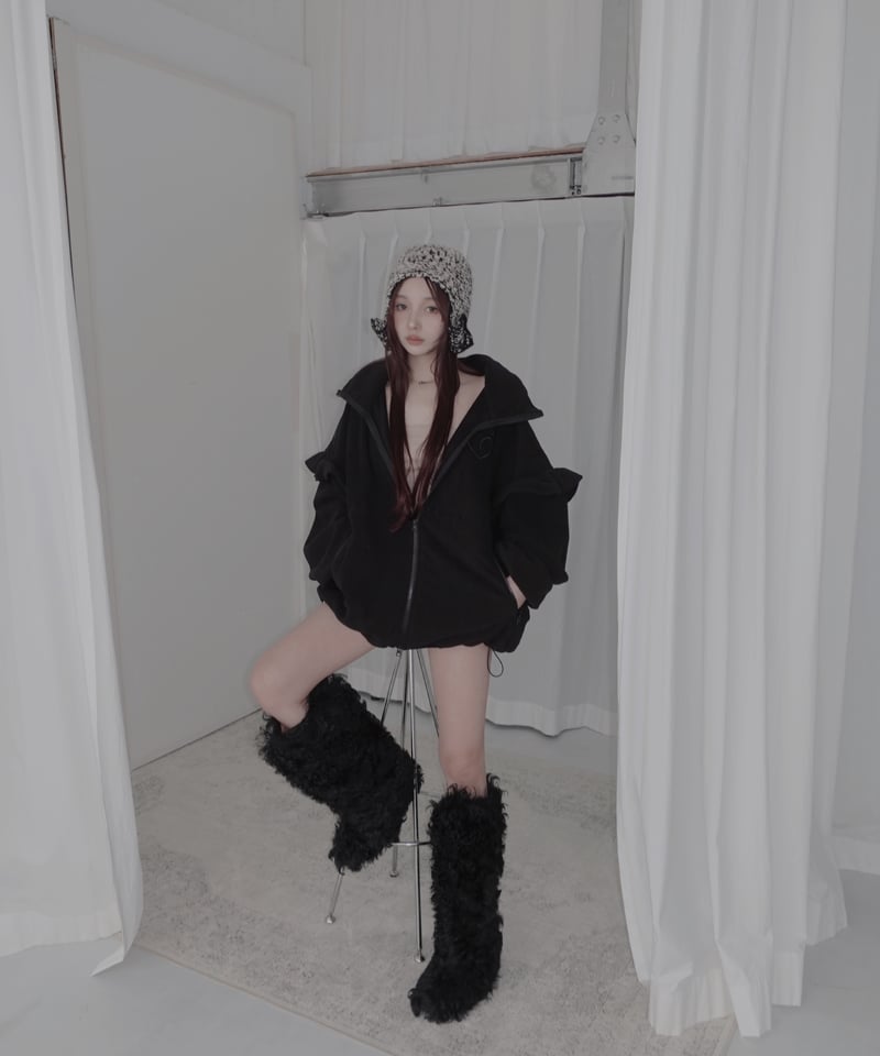 Black】ダブルジップフリルフリース /Double Zip Frill Fleece |