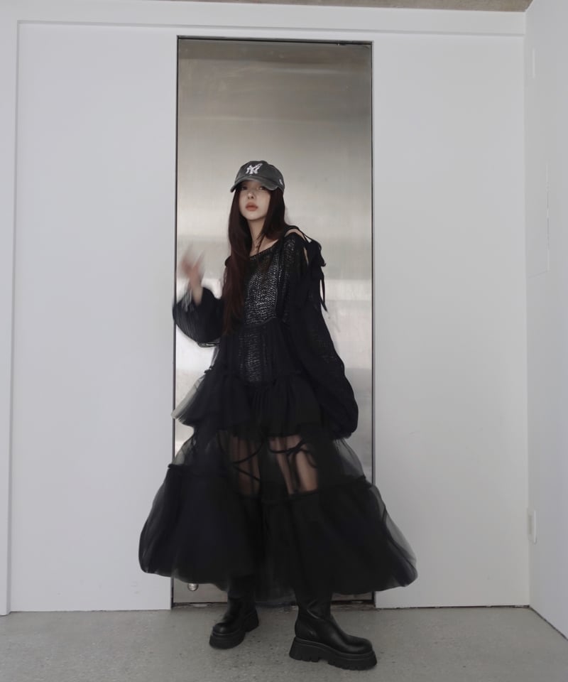 Black】ショルダーリボンモヘアニット/Shoulder Ribbon Mohair Kn