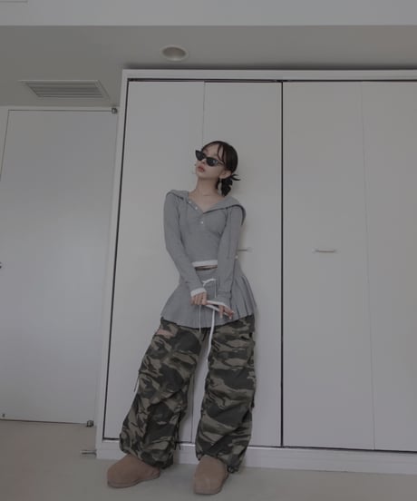 【LightGray】レイヤードフードトップス / Layered Hood Top