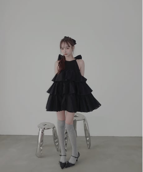 【Black】ティアードバルーンチュニックワンピース / Tiered Balloon Tunic One-Piece