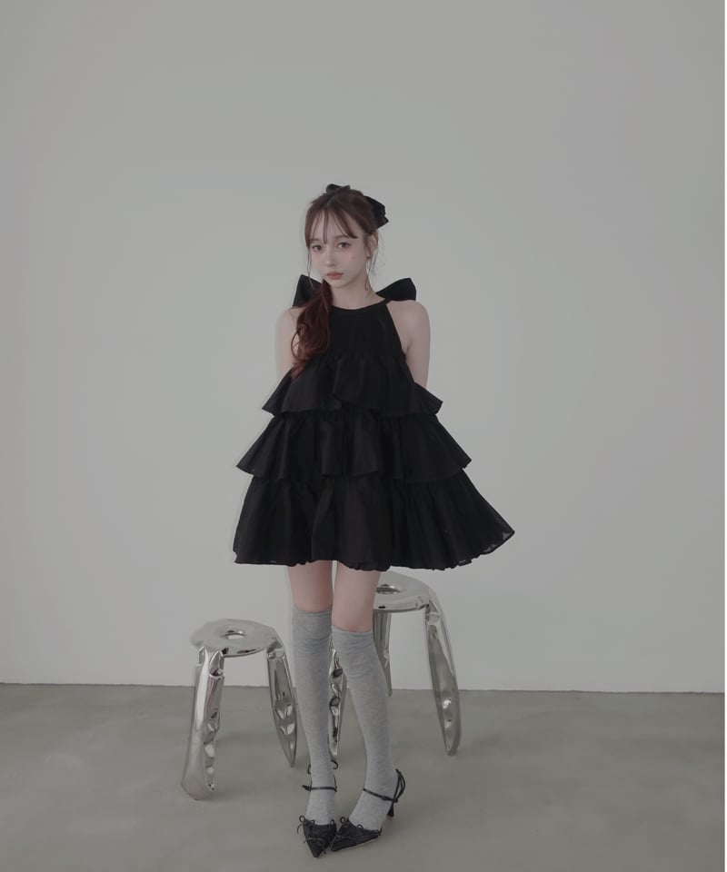 Black】ティアードバルーンチュニックワンピース / Tiered Balloon Tun