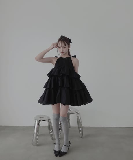 【Black】ティアードバルーンチュニックワンピース / Tiered Balloon Tunic One-Piece