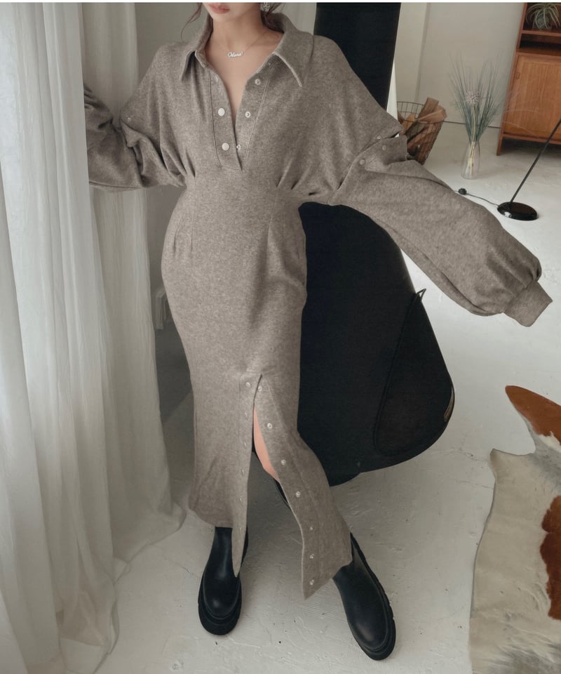fictiontokyo スナップスリットワンピース Almond Gray スナップスリットワンピース / Metal Snaps Slit One-Piece | FI