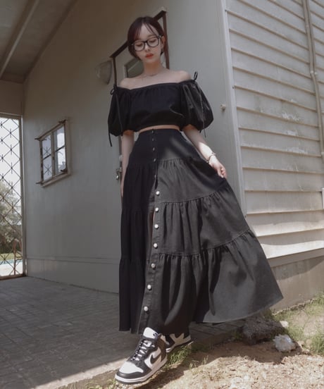バックリボンデニムティアードスカート / Back Ribbon Denim Tiered Skirt