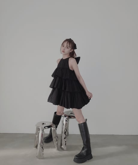 【Black】ティアードバルーンチュニックワンピース / Tiered Balloon Tunic One-Piece