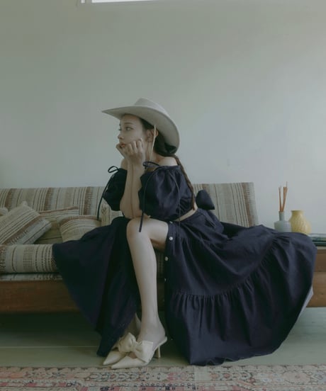 バックリボンデニムティアードスカート / Back Ribbon Denim Tiered Skirt