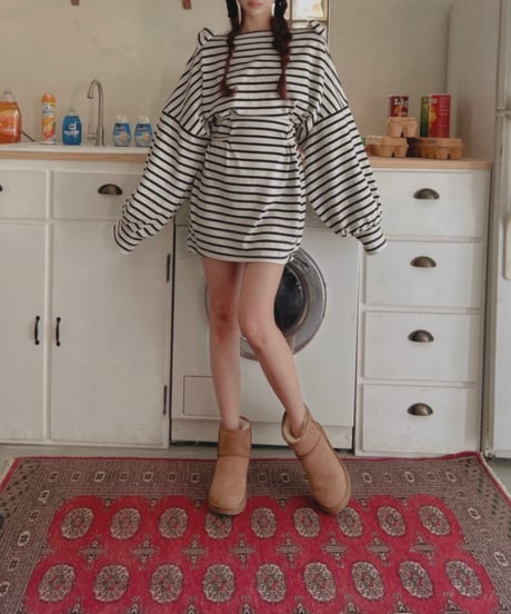 ショルダーリボンボーダーチュニックワンピース / Shoulder Ribbon Stripes Tunic One-Piece