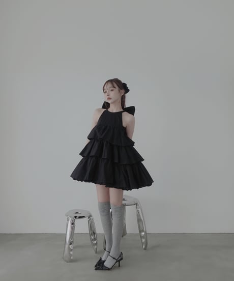 【Black】ティアードバルーンチュニックワンピース / Tiered Balloon Tunic One-Piece