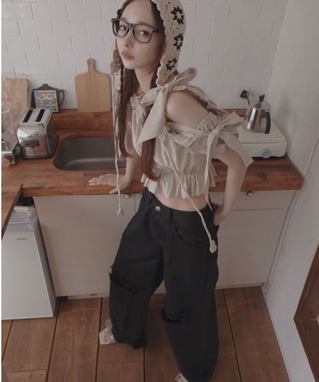 ショルダーダブルリボントップス / Shoulder Double Ribbon Top