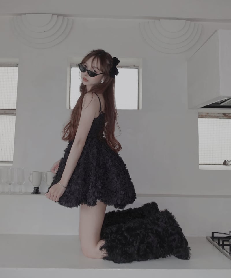 Black】ブルームペタルチュニックドレス/Bloom Petal Tunic Dress