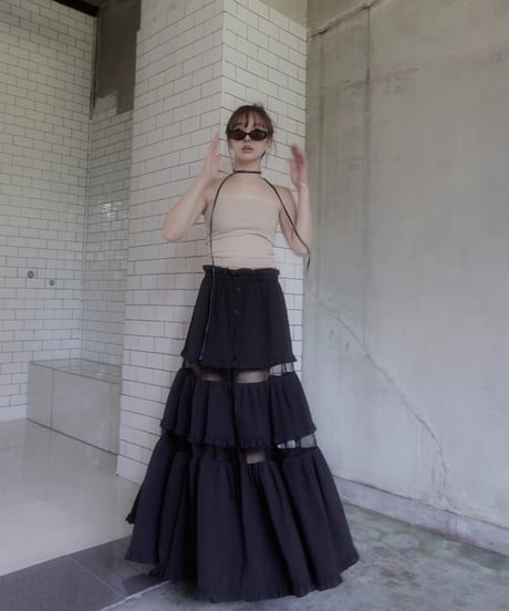 ［Black］フロントオープンレースティアードスカート / Front Open Lace Tiered Skirt