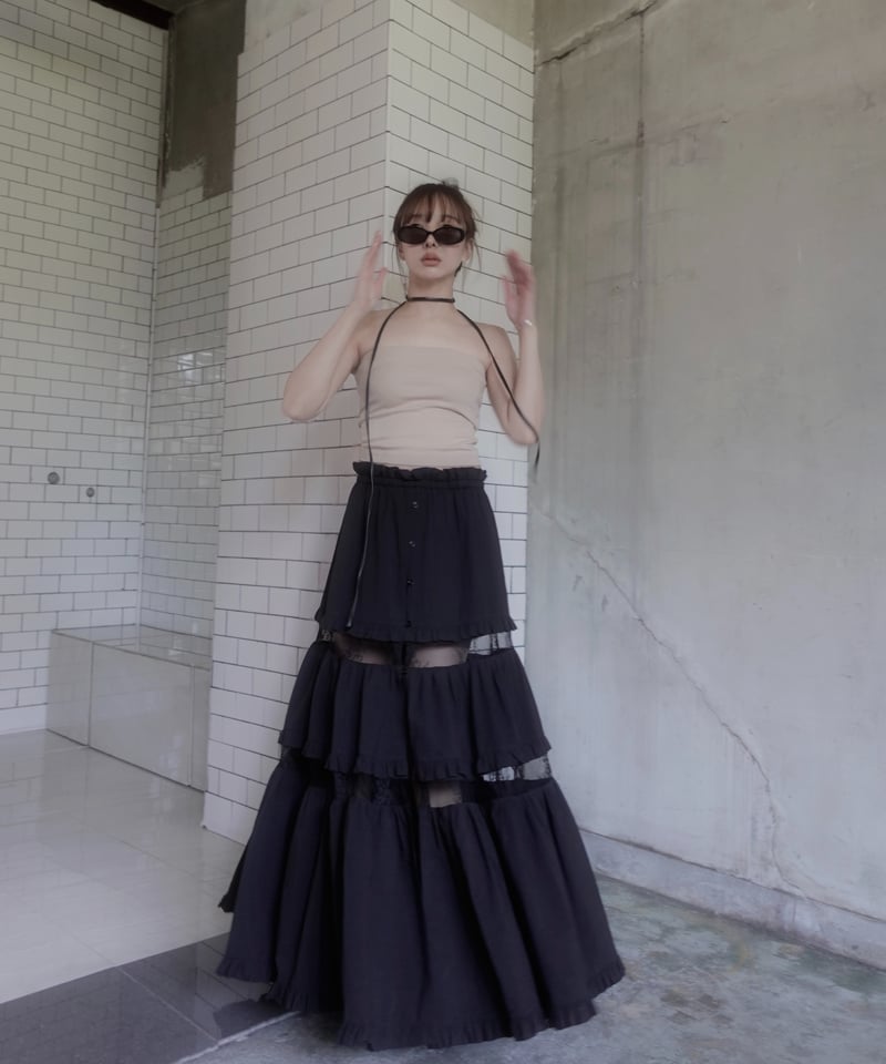 Black］フロントオープンレースティアードスカート / Front Open Lace T