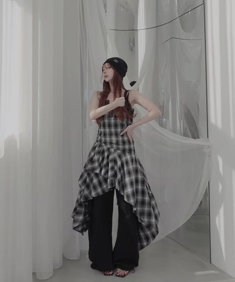 【Black】レイヤードチェックワンピース / Layered Check Dress
