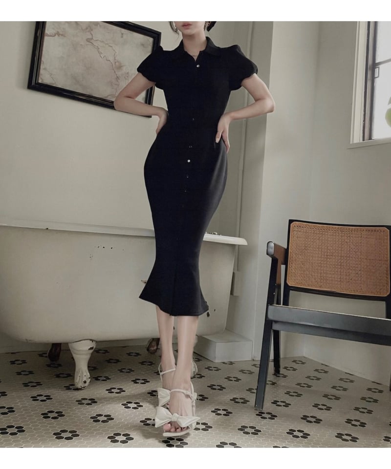 バックリボンポロフレアワンピース /Back Ribbon Polo Flare One-Pi 