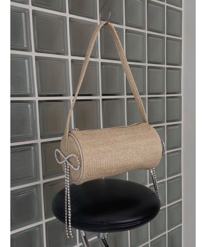 新品 FICTIONTOKYO ビジューリボンラウンドバッグ ブラック ナイロン Bijou Ribbon Round Bag / ビジューリボンラウンドバッグ | FICTI