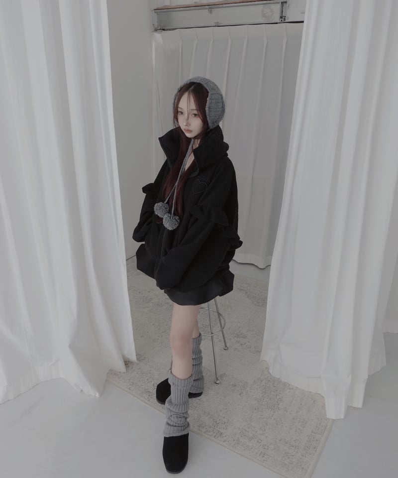 Black】ダブルジップフリルフリース /Double Zip Frill Fleece |