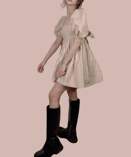 【ベージュ】パフスリーブチュニックワンピ Puff Sleeve Tunic One-Piece
