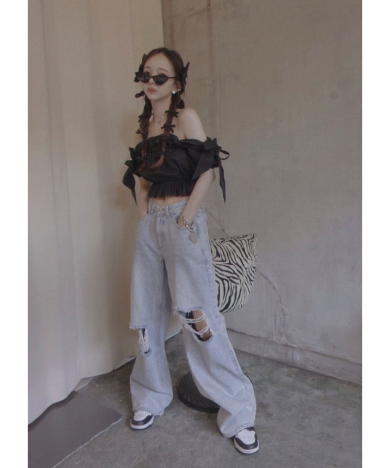 ショルダーダブルリボントップス / Shoulder Double Ribbon Top |
