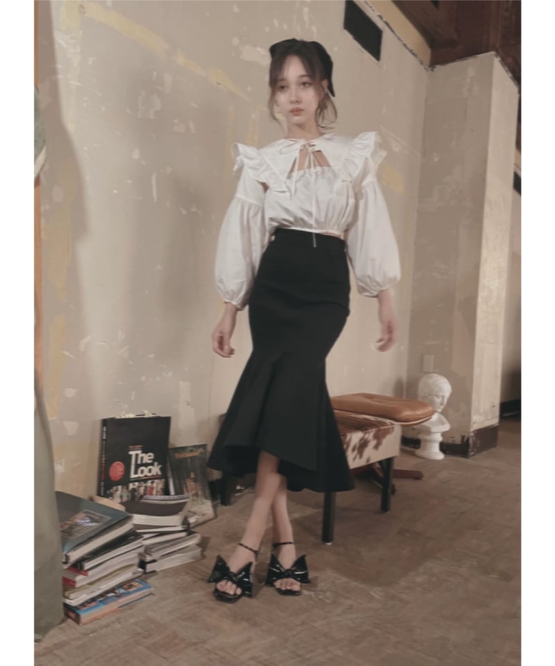 kachaguri　baybee フリル襟 ブラック YK-8S BK スタンドフリル襟半袖ブラウス 黒 | kuroobi.STORE