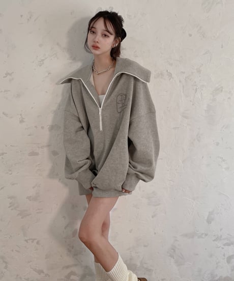 【裏パイル生地】ハーフジップアップロゴ刺繍ビッグスウェット/Half Zipup Logo Embroidery Big Sweat