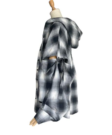 【Check】サイドカットフードシャツ/Side Cutting Hooded Shirts