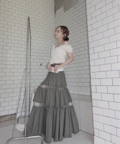 ［Moss Grey］フロントオープンレースティアードスカート / Front Open Lace Tiered Skirt