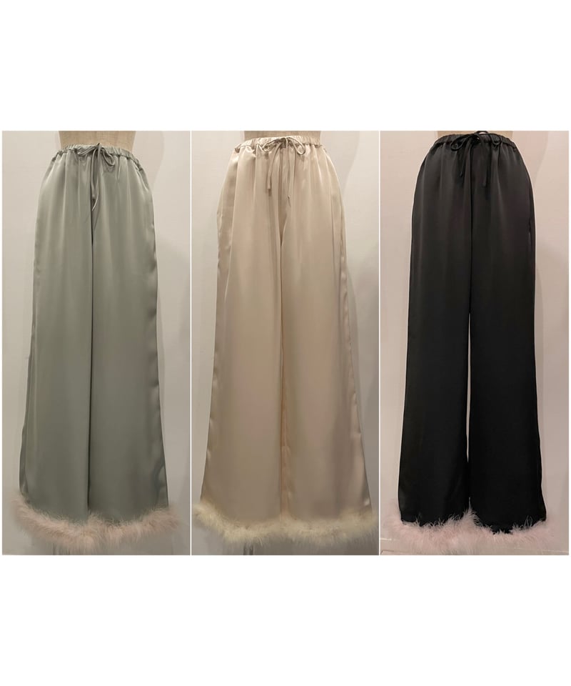 フェザーサテンパンツ / Feather Hem Satin Pants | FICTION