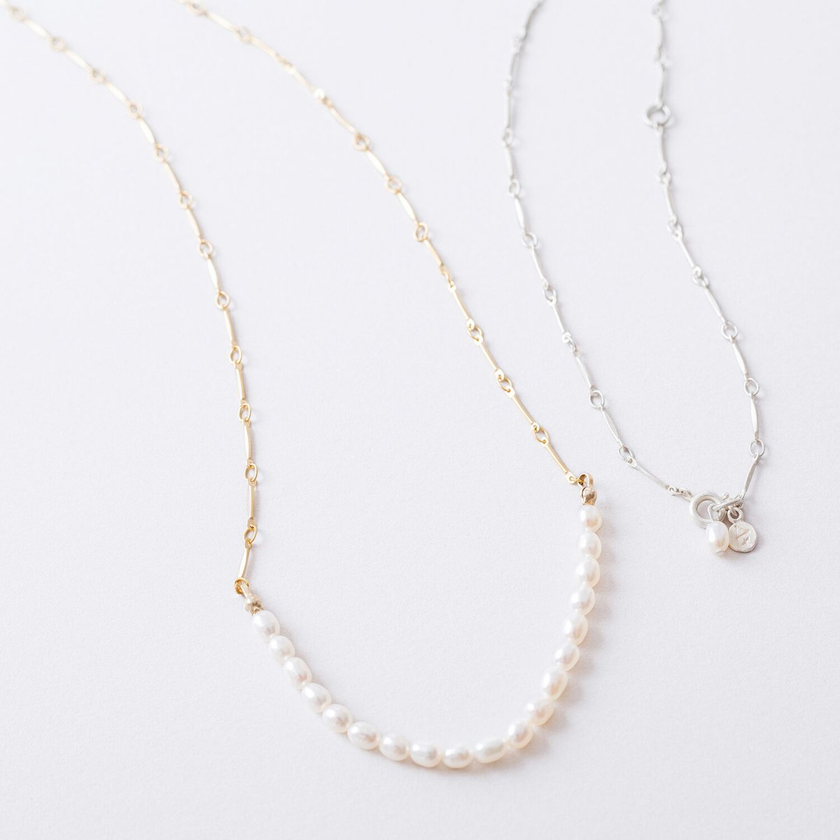 SSN138：プレスチェーン×淡水パールネックレス / Pressed chain× freshwater pearl Necklace