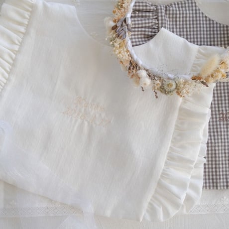 formal frill baby's bib: dobby white : moca gingham check / No.21-34