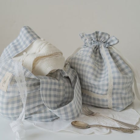 【即納】small sub bag : sky blue gingham check﻿ / lace﻿