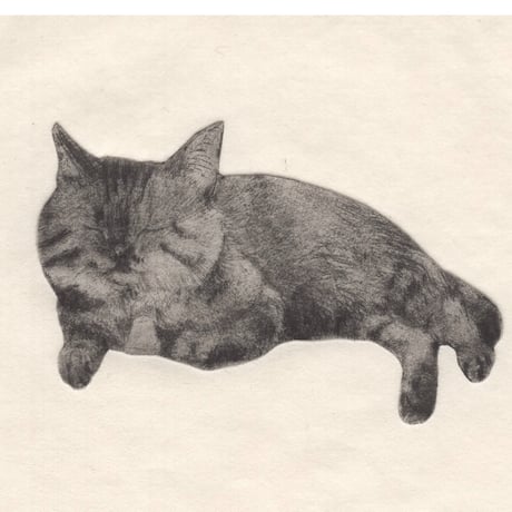 古屋郁　銅版画　41「ガソリンスタンドの猫」　ed.1/7