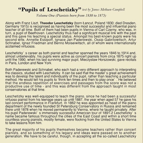 Pupils of Leschetizky Vol.1 (pianists born from 1830 to 1875) (This is Digital Item)