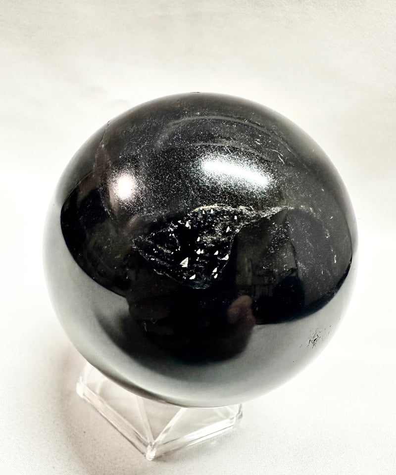モリオン（黒水晶）丸玉 置き石 台座付き 直径7.4cm | うさぎ屋