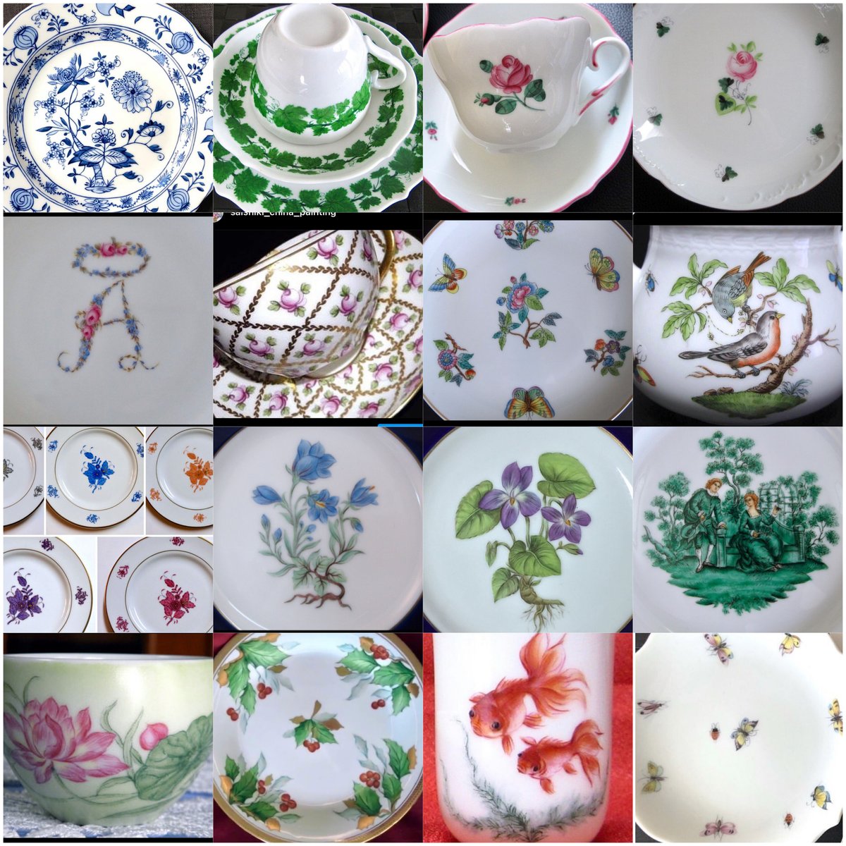 ヘレンド アンティーク 単色 パープルピンク フラワーブーケ 3枚セット