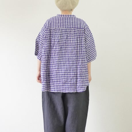 【予約商品】＊レディース＊Linenya-リネンヤ-シャーリング  バンドカラー半袖シャツ