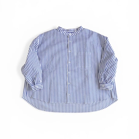＊レディース＊Linen ya-リネンヤ-コットンシアサッカー バンドカラーブラウス/ブルーストライプ